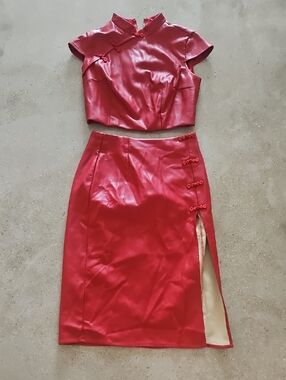 Red Faux Leather High-Slit Pencil Skirt - Elegant Women's Skirt
